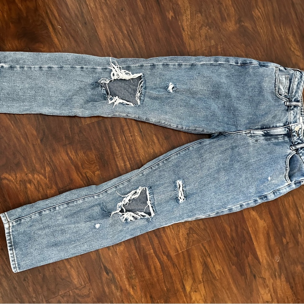 PacSun Blue Straight Leg Jeans with Distressed Details